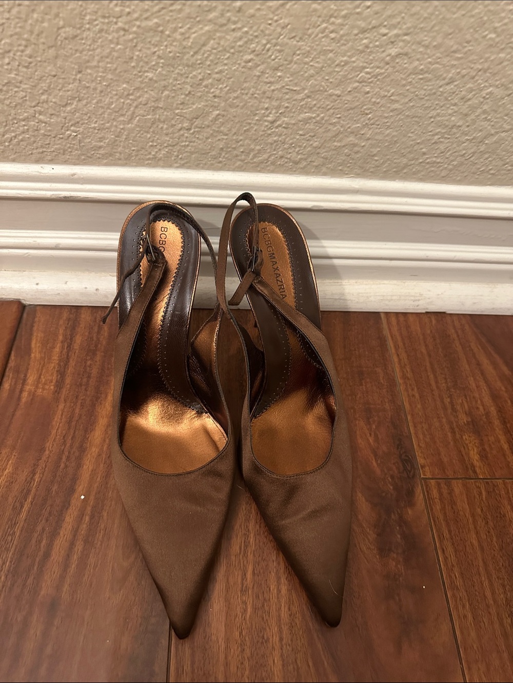 BCBGMaxAzria satin Chocolate Brown Pointed Slingback Heels